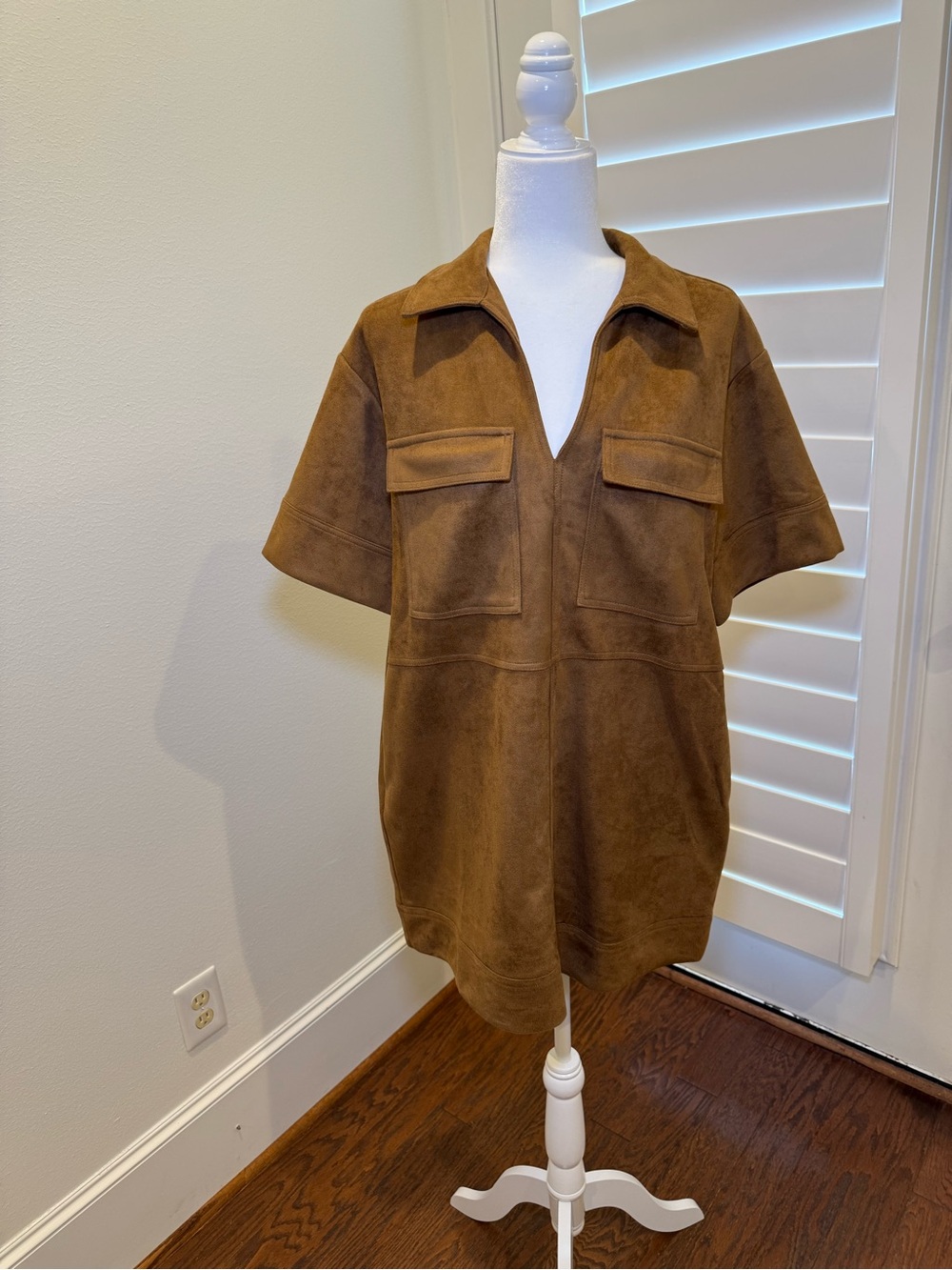Brown Faux Suede Short Sleeve Collared Tunic Dress